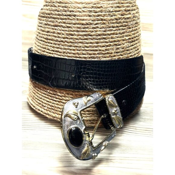 Alexis Kirk Black Reptile Embossed Leather Belt With Cabochon Buckle main image 13